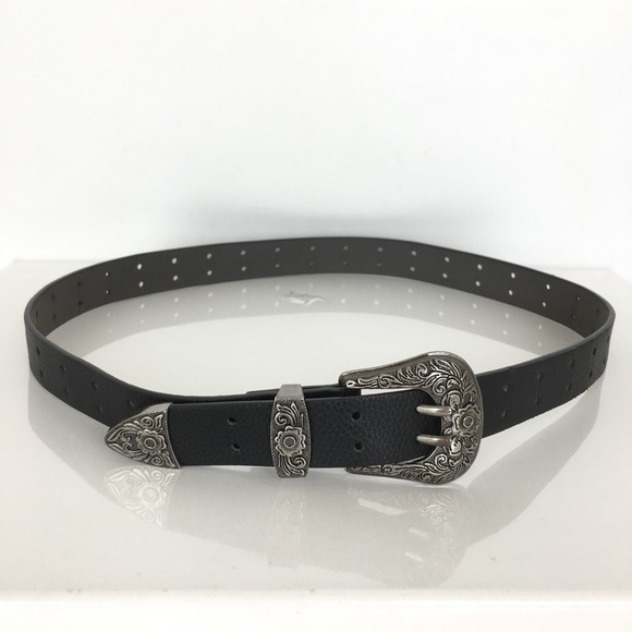 Women’s Black Vegan Leather Western Belt Antique Silver Floral Buckle Size M - Picture 5 of 7